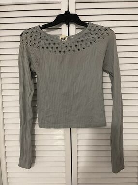 tokyo Darling Gray Ribbed Long Sleeve Top with Crochet Yoke